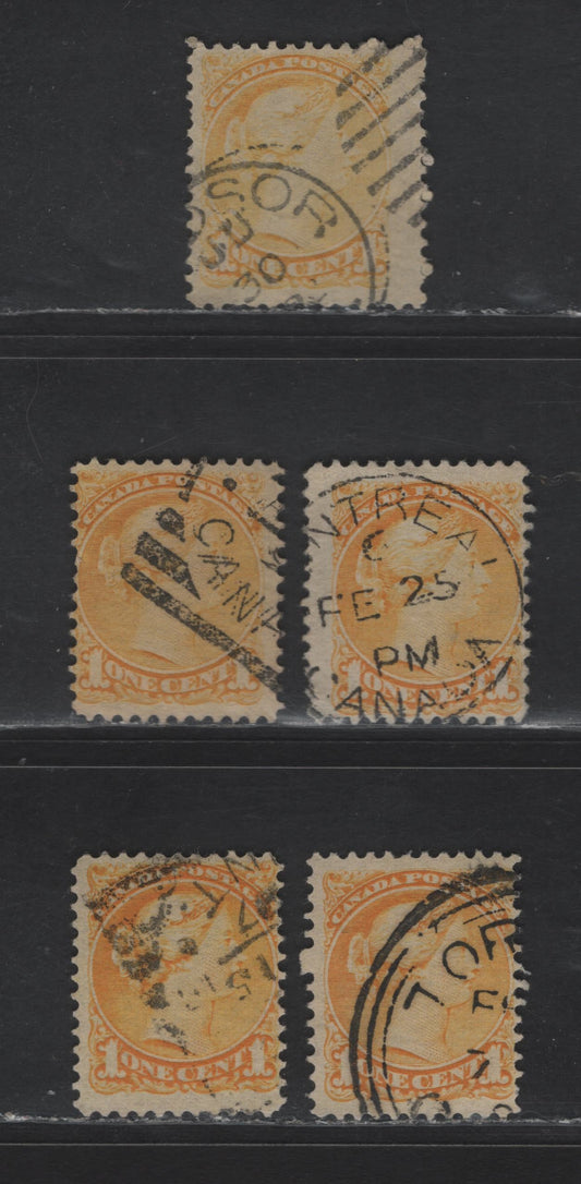 Lot 313 Canada #35 1c Pale Yellow & Bright Yellow Queen Victoria, 1870-1893 Small Queen Issue, 5 Fine Used Singles, Late Second Ottawa Printings, Paper 2O-E