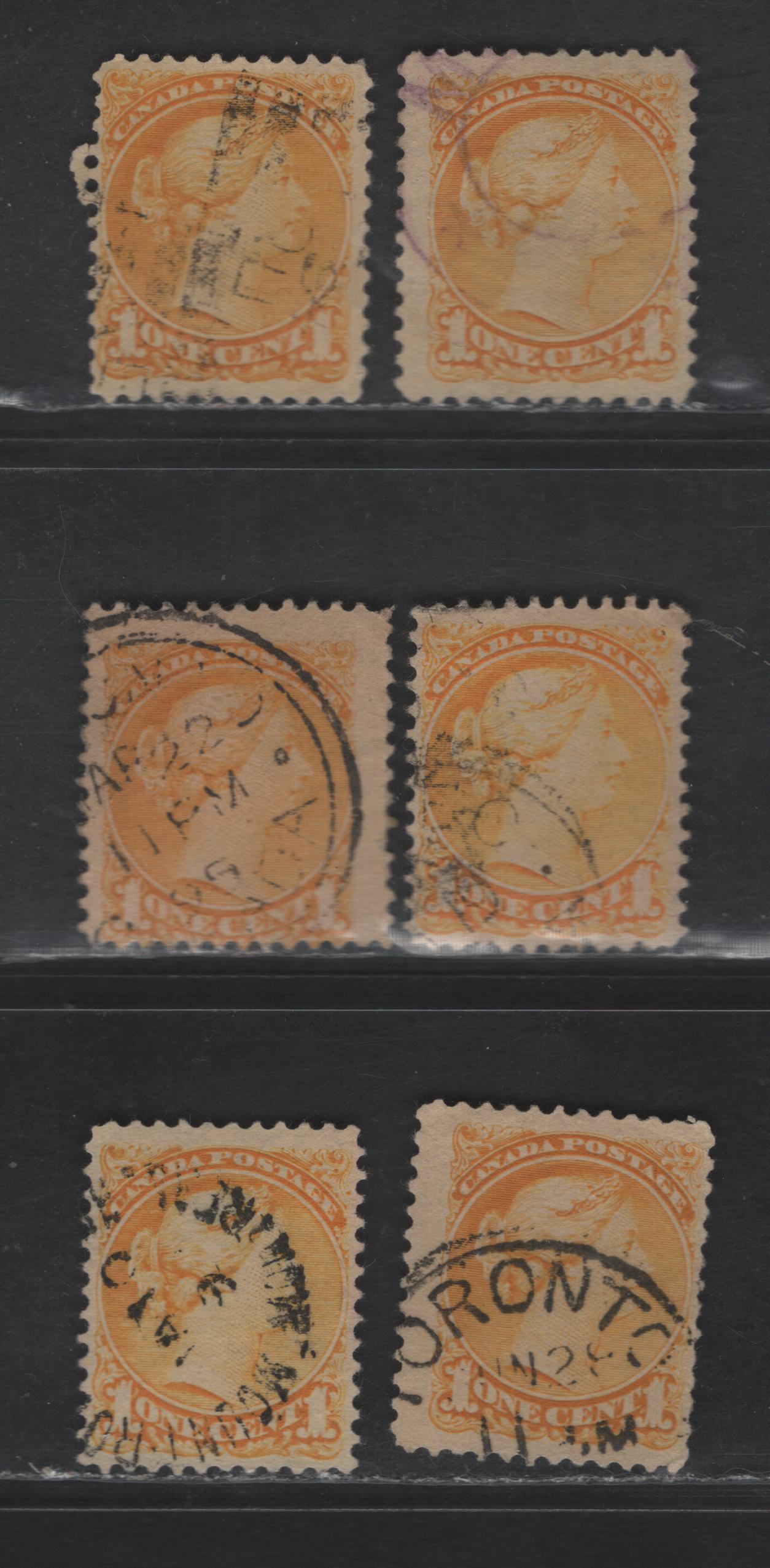 Lot 314 Canada #35 1c Yellow & Bright Yellow Queen Victoria, 1870-1893 Small Queen Issue, 6 Fine Used Singles, Late Second Ottawa Printings, Paper 2O-F