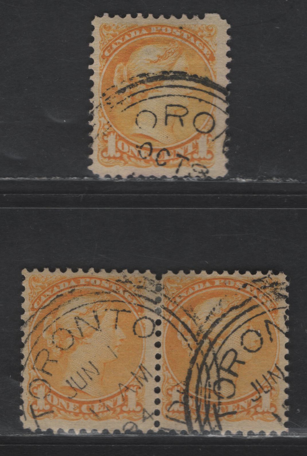 Lot 315 Canada #35 1c Yellow Queen Victoria, 1870-1893 Small Queen Issue, 2 Fine Used Single & Pair, Mid & Late Second Ottawa Printings, Toronto 1894 Orb Cancels, Perfs 12 & 12x12.1