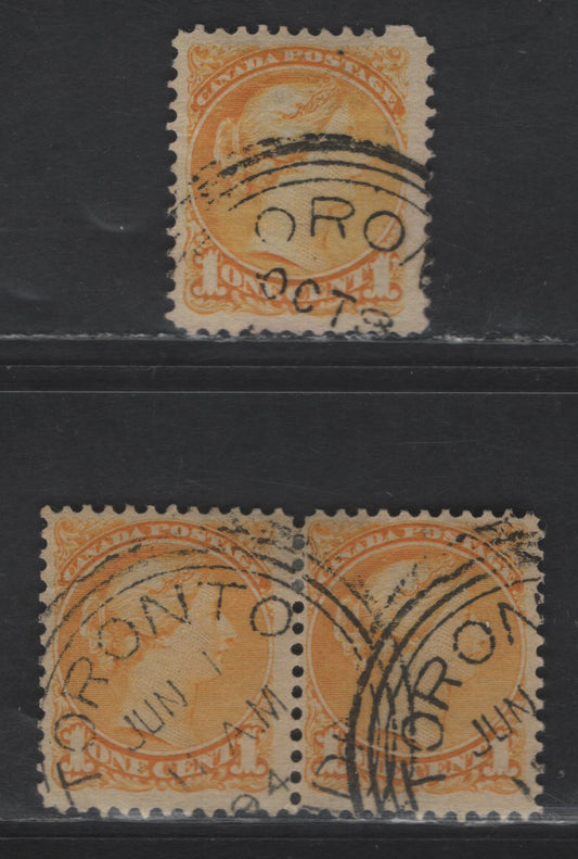 Lot 315 Canada #35 1c Yellow Queen Victoria, 1870-1893 Small Queen Issue, 2 Fine Used Single & Pair, Mid & Late Second Ottawa Printings, Toronto 1894 Orb Cancels, Perfs 12 & 12x12.1