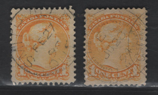 Lot 316 Canada #35 1c Yellow & Bright Yellow Queen Victoria, 1870-1893 Small Queen Issue, 2 Fine Used Single, Mid & Late Second Ottawa Printings, SON Feb 27, 1896 Smithville & London & Toronto RPO Cancels