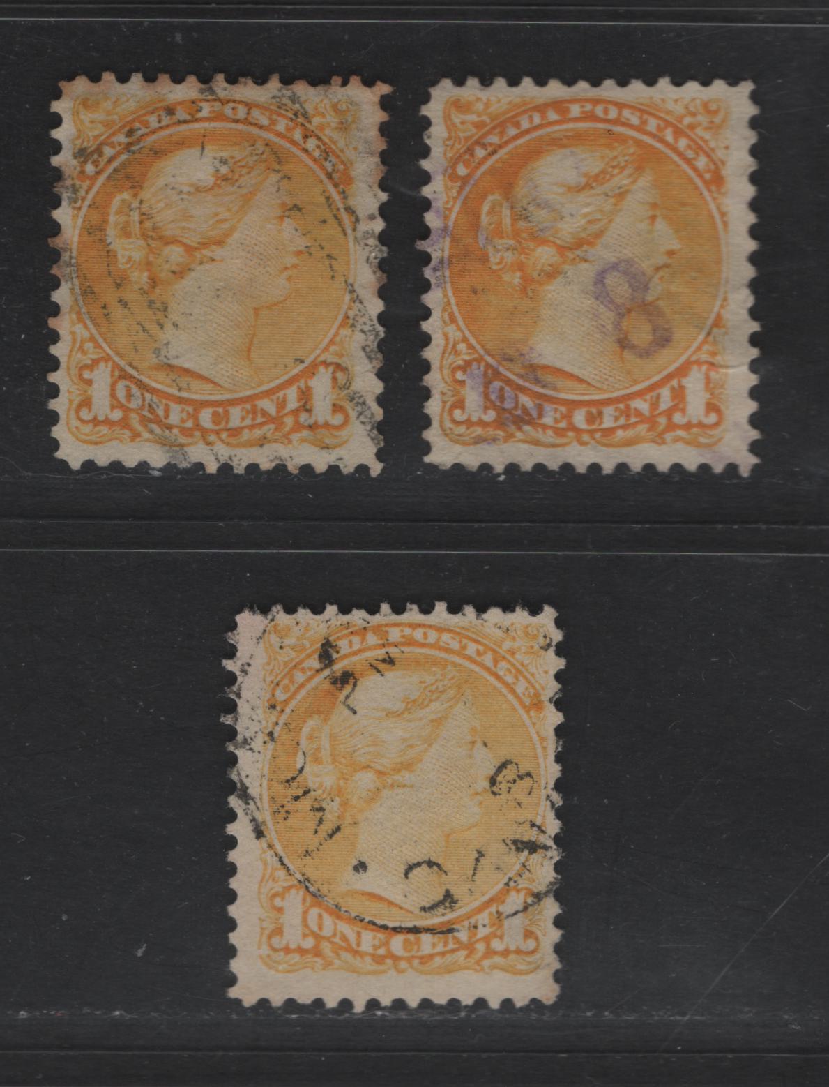 Lot 318 Canada  #35 1c Deep Yellow, Orange Yellow & Pale Yellow Queen Victoria, 1870-1897 Small Queen Issue, 3 Fine Used Singles Late Second Ottawa Printings On Paper Type 2O-M, See Page On Small Queen Papers For Details