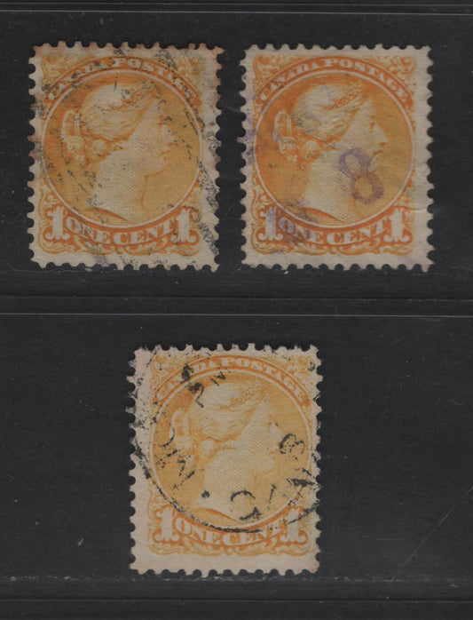 Lot 318 Canada  #35 1c Deep Yellow, Orange Yellow & Pale Yellow Queen Victoria, 1870-1897 Small Queen Issue, 3 Fine Used Singles Late Second Ottawa Printings On Paper Type 2O-M, See Page On Small Queen Papers For Details