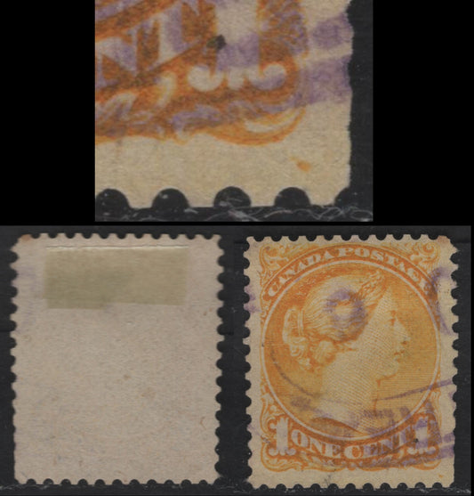 Lot 31 Canada #35ivar 1c Yellow Queen Victoria, 1870-1893 Small Queen Issue, A Very Good Used Single, Mid Second Ottawa Printing, 2O-O Paper, Unusual Plate Dot At Lower Right