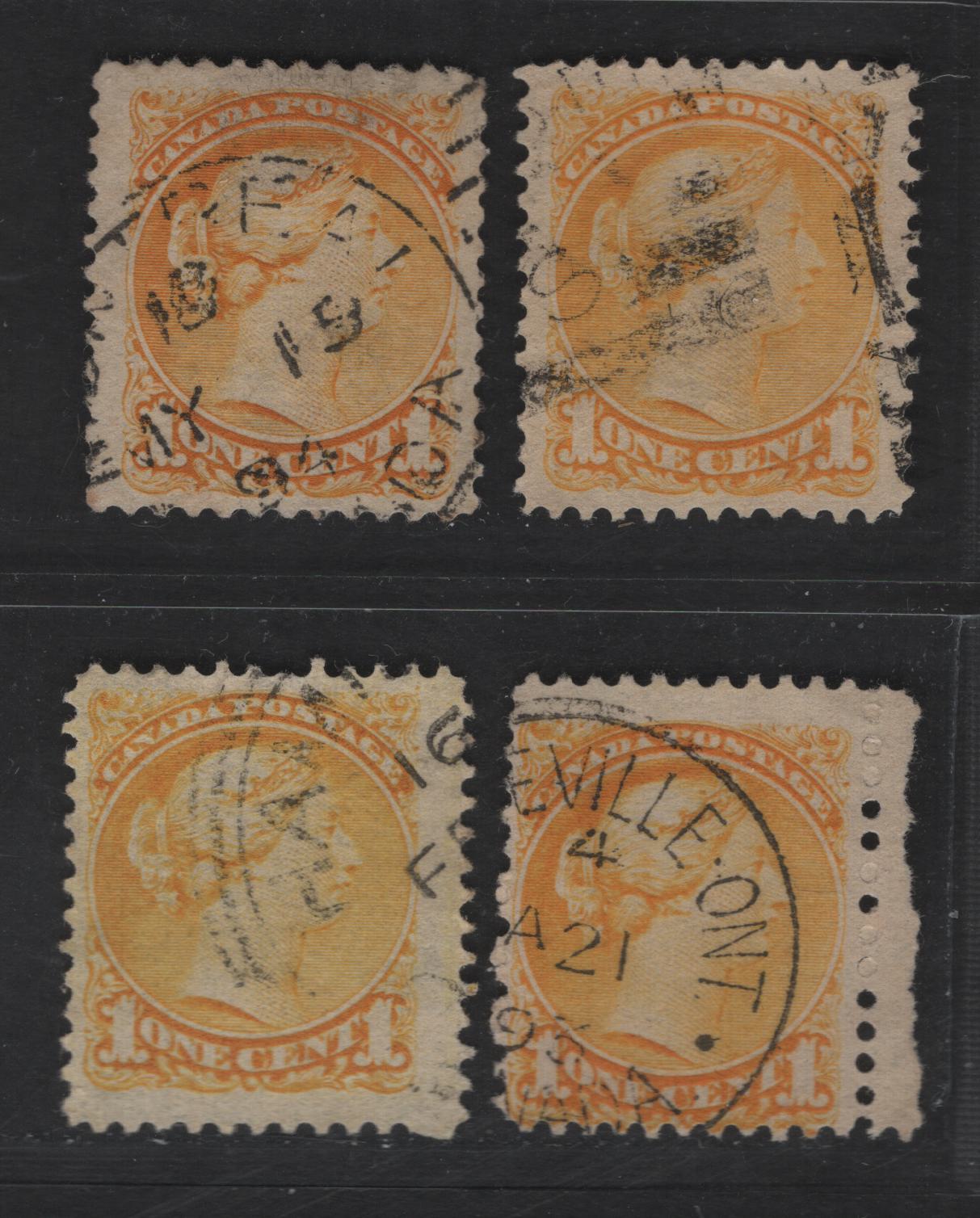 Lot 320 Canada  #35 1c Yellow, Bright Yellow & Deep Bright Yellow Queen Victoria, 1870-1897 Small Queen Issue, 4 Fine Used Singles Late Second Ottawa Printings On Paper Type 2O-Q, See Page On Small Queen Papers For Details
