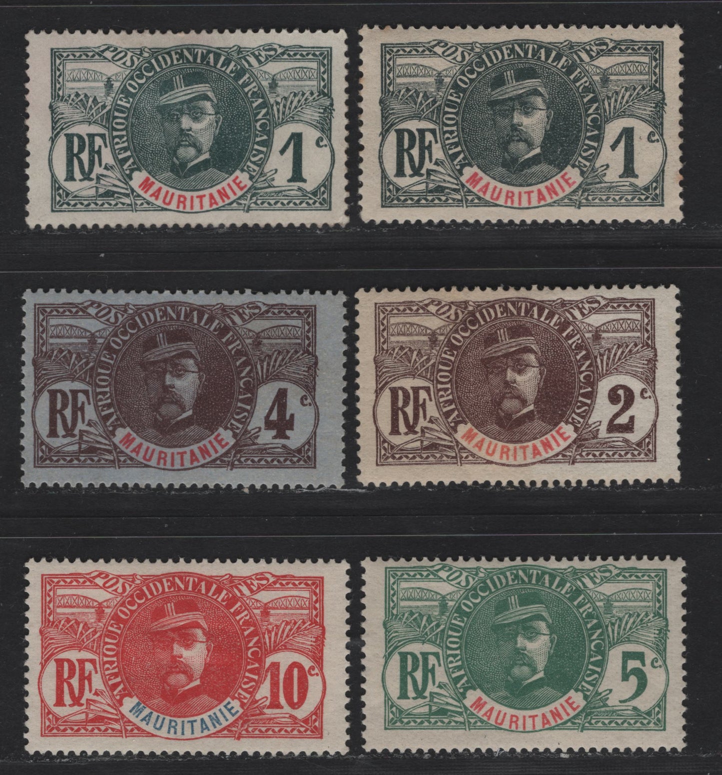 Lot 32 Mauritania SC#1-5 1c - 10c Slate - Carmine Gen. Louis Faidherb, 1906-1907 Pictorial Issue, 6 F/VFOG Singles, Two Shades Of 1c