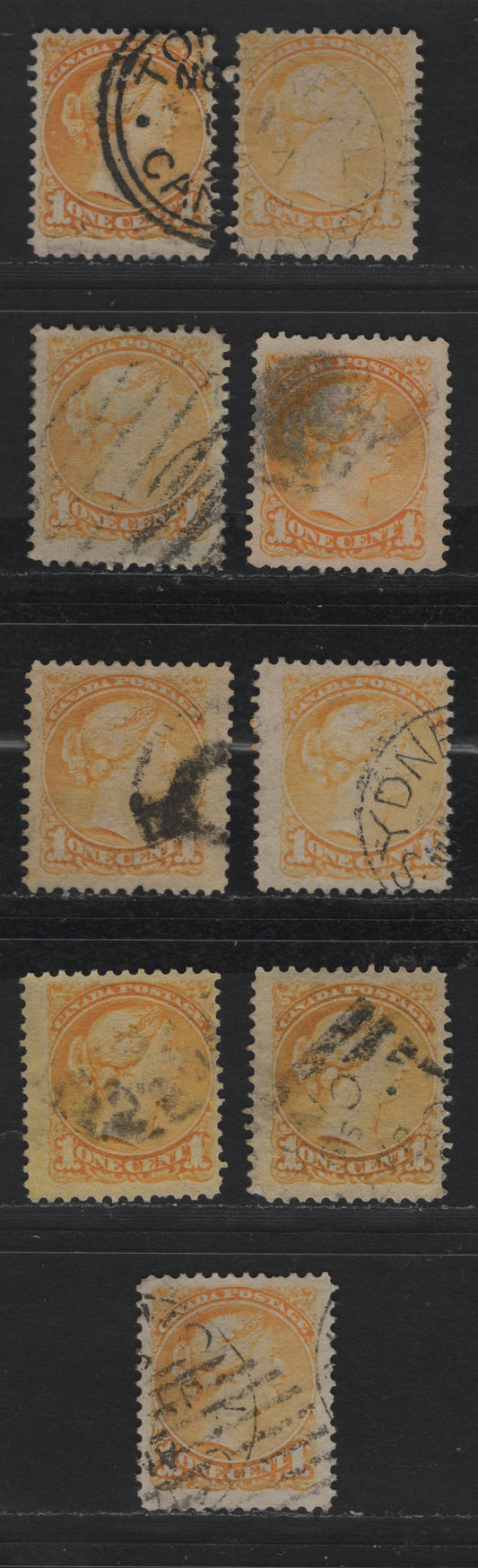 Lot 322 Canada  #35 1c Deep Yellow, Yellow, Pale Yellow, Bright Yellow Queen Victoria, 1870-1897 Small Queen Issue, 9 Fine Used Singles Late Second Ottawa Printings On Paper Type 2O-T, See Page On Small Queen Papers For Details