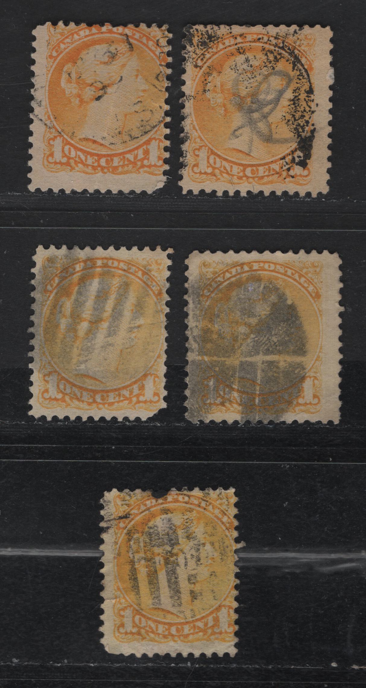 Lot 323 Canada  #35 1c Yellow Queen Victoria, 1870-1897 Small Queen Issue, 5 Ungraded Used Singles Paper Reference Lot Of Late Second Ottawa Printings On Paper Types 2O-L, 2O-P, 2O-Q, 2O-S and 2O-T