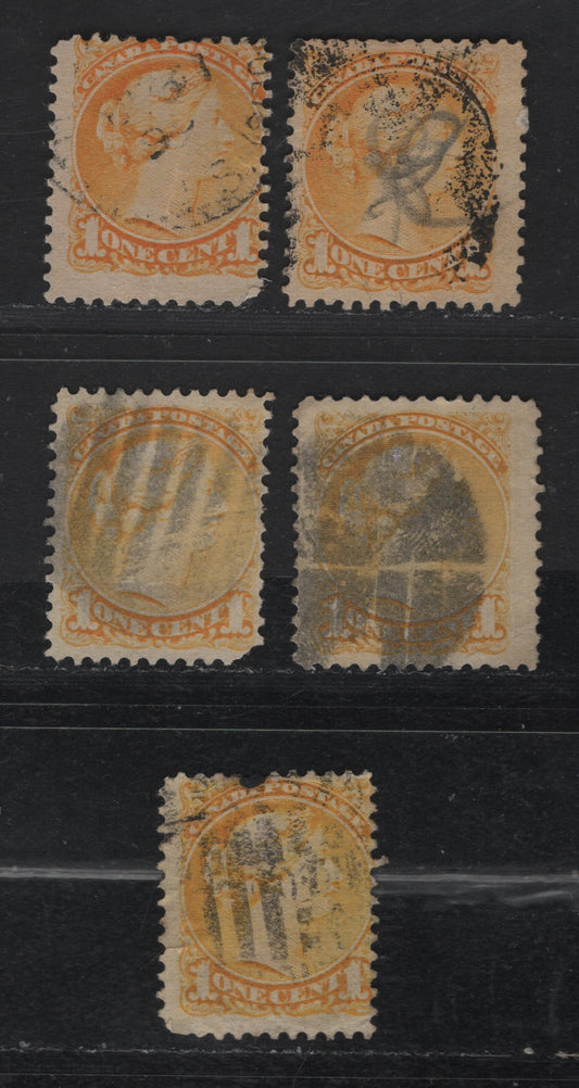 Lot 323 Canada  #35 1c Yellow Queen Victoria, 1870-1897 Small Queen Issue, 5 Ungraded Used Singles Paper Reference Lot Of Late Second Ottawa Printings On Paper Types 2O-L, 2O-P, 2O-Q, 2O-S and 2O-T