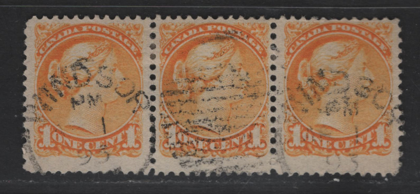 Lot 325 Canada  #35ii 1c Orange Queen Victoria, 1870-1897 Small Queen Issue, A Fine Used Strip of 3 Mid Second Ottawa Printing On Paper Type 2O-S, See Page On Small Queen Papers For Details, April 1, 1893 Windsor, ON Cancel