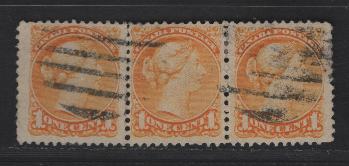 Lot 326 Canada  #35ii 1c Orange Queen Victoria, 1870-1897 Small Queen Issue, A Fine Used Strip of 3 Mid To Late Second Ottawa Printing On Paper Type 2O-S, See Page On Small Queen Papers For Details