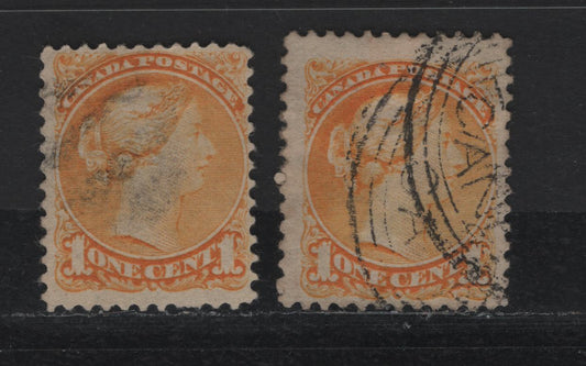 Lot 327 Canada  #35ii 1c Orange Queen Victoria, 1870-1897 Small Queen Issue, 2 Fine Used Singles Two Different Shades Of Late 2nd Ottawa Printing On Paper Type 2O-S