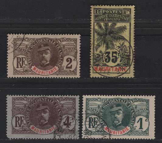 Lot 34 Mauritania SC#1-3, 10 1c - 35c Slate & Red - Black & Red on Yellow Gen. Faidherbe - Oil Palms, 1906-1907 Pictorial Issue, 4 Fine Used Singles