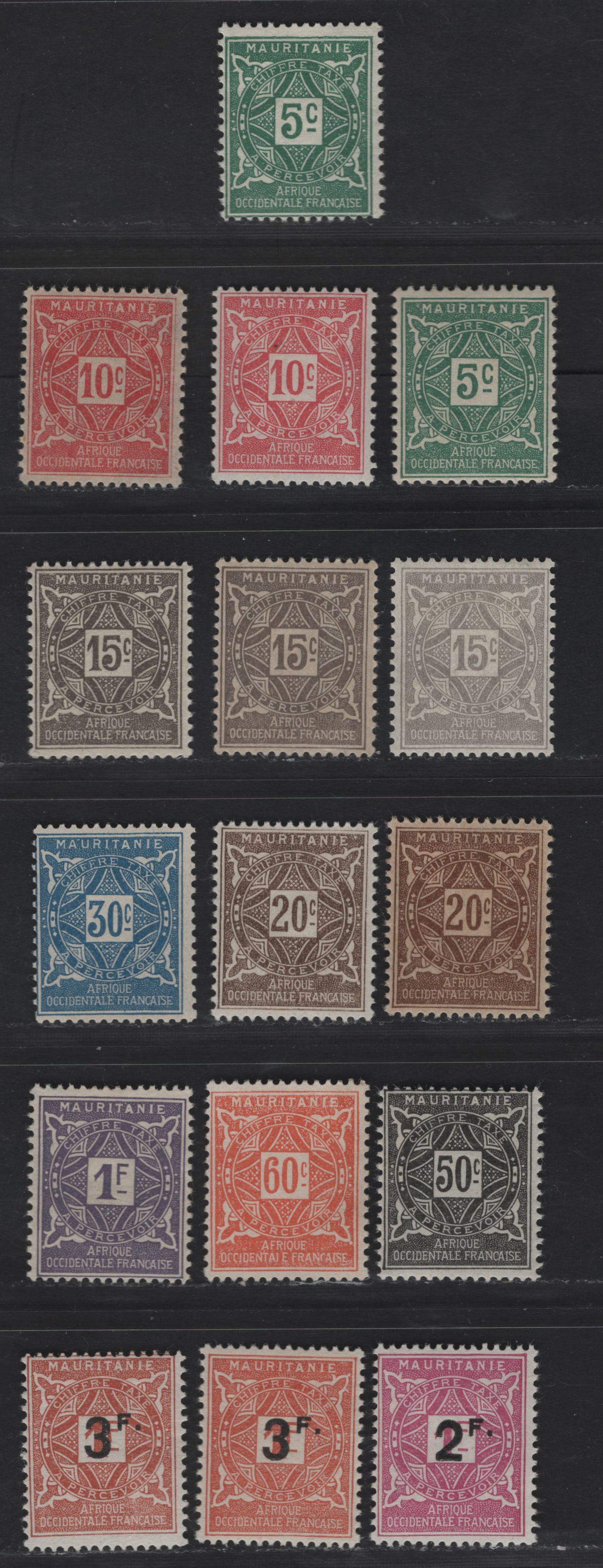 Lot 35 Mauritania SC#J9-J18 5c - 3fr on 1fr Green - Orange & Brown Numeral, 1914-1927 Postage Dues, 16 F/VFOG Singles, Extra Shades