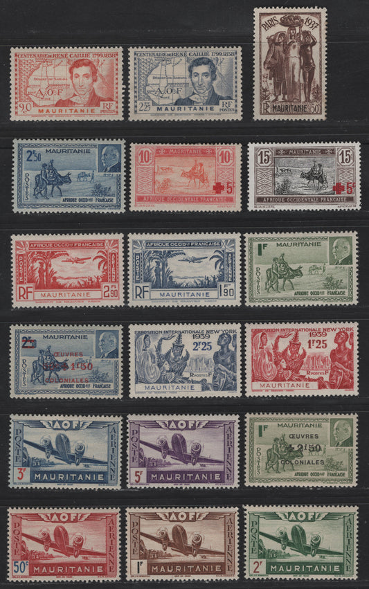 Lot 37 Mauritania SC#109, 111, 114-115, B15A-B, 72, 112-113, B1-B2, C1-C2, C6-C10 90c - 5fr Orange Brown & Orange - Violet & Brown Red Caillie - Airplane, 1937-1942 Paris Exhibition - Airmail Issues, 18 F/VFOG Singles