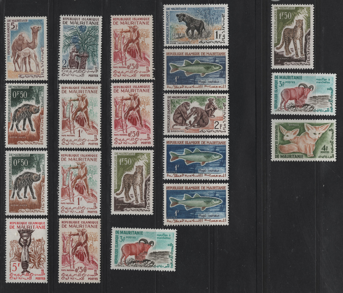 Lot 39 Mauritania SC#119/173 50c - 2fr Magenta, Yellow & Brown - Dark Brown, Green & Deep Orange Pastoral Well - Scimitar-Horned Oryx, 1960-1963 Pictorial Issues, 20 VFOG/NH Singles, DF, Fluorescent & HB Papers, Shade Varieties
