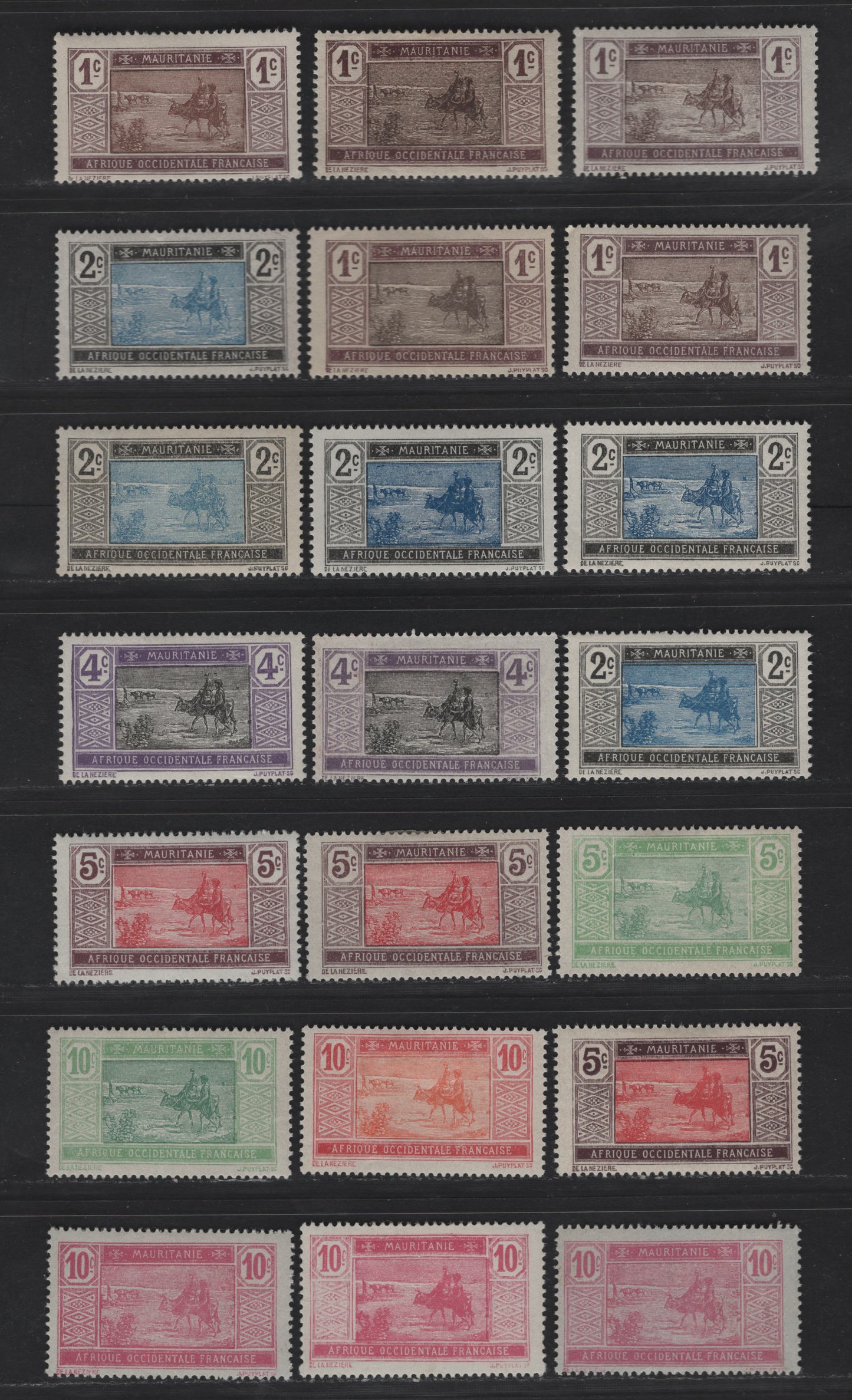 Lot 40 Mauritania SC#18-20, 21a, 22-25 1c - 10c Brown Violet & Brown - Lilac Rose on Bluish Crossing Desert, 1913-1938 Crossing Desert Pictorial Issue, 21 F/VFOG Singles, Shade Varieties