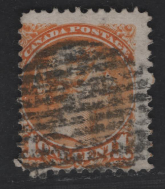 Lot 4 Canada #35vi 1c Deep Orange Queen Victoria, 1870-1893 Small Queen Issue, A Good Used Single, Mid Montreal Printing, Paper Type MM-I, Scarce Unlisted Perf 11.6x11.75, Heavy Cancel & Poor Centering