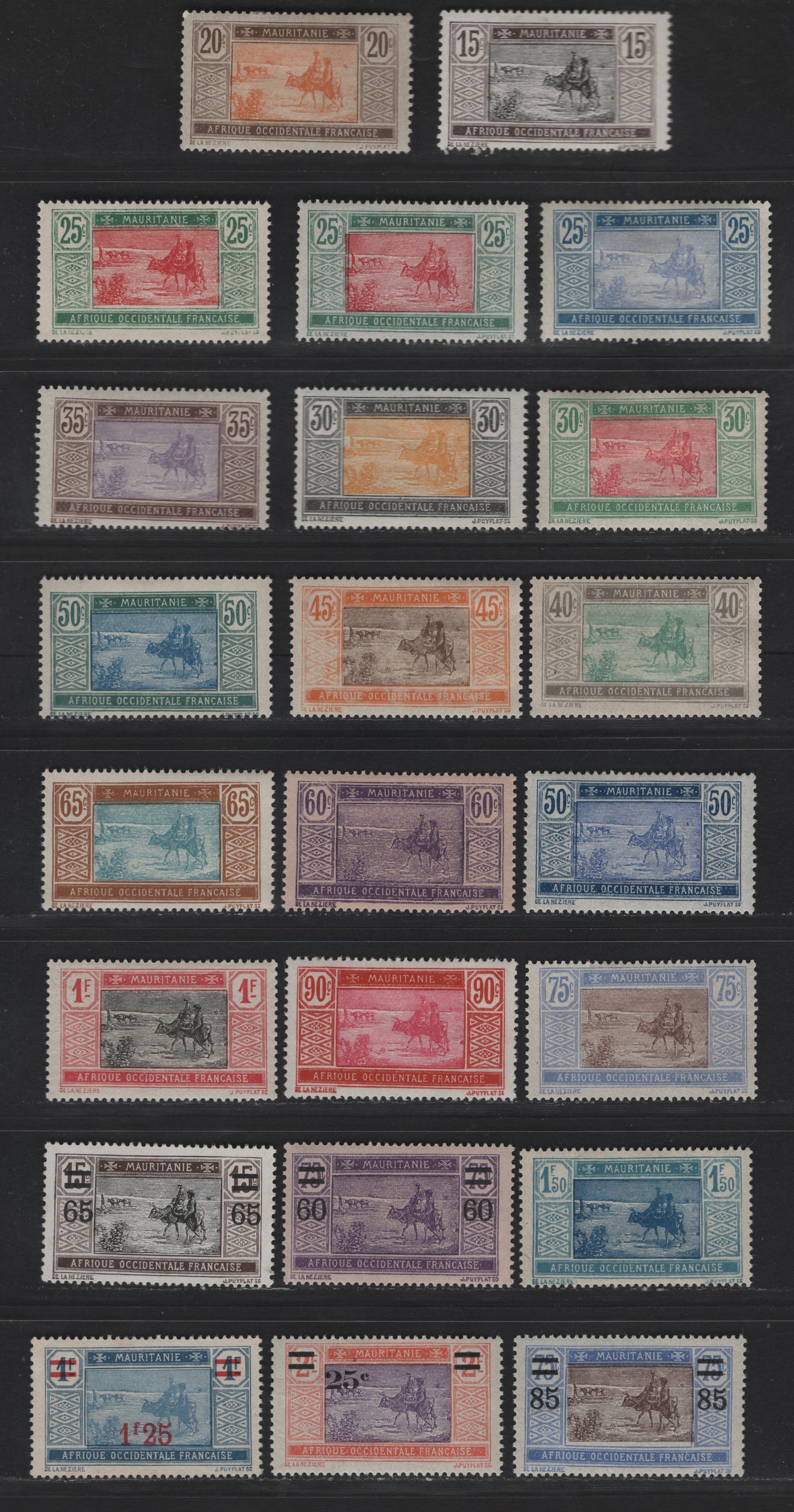 Lot 41 Mauritania SC#26a, 27-30, 32, 34, 36-37, 39, 40-43, 45-46, 49, 55-58, 60 15c - 1.25fr on 1fr Dark Brown & Black - Blue & Deep Blue Crossing Desert, 1913-1927 Crossing Desert Keyplate & Surcharge Issues, 23 F/VFOG Singles