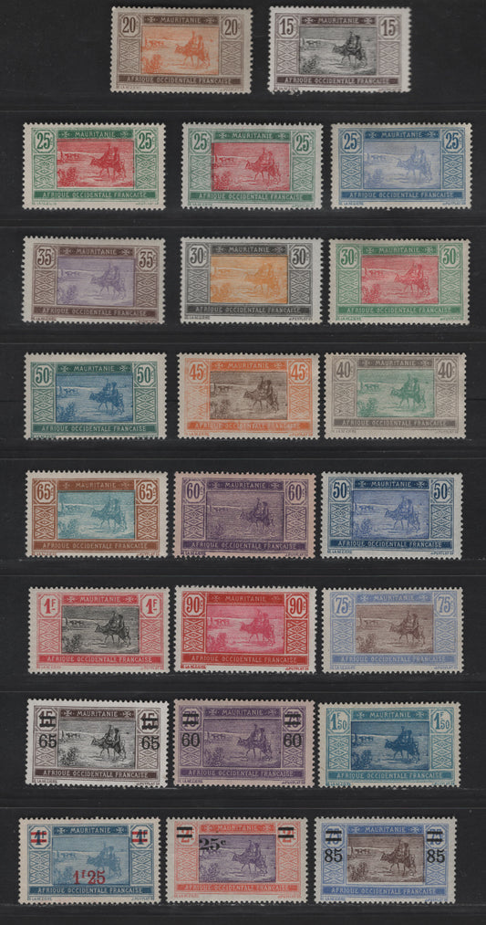 Lot 41 Mauritania SC#26a, 27-30, 32, 34, 36-37, 39, 40-43, 45-46, 49, 55-58, 60 15c - 1.25fr on 1fr Dark Brown & Black - Blue & Deep Blue Crossing Desert, 1913-1927 Crossing Desert Keyplate & Surcharge Issues, 23 F/VFOG Singles