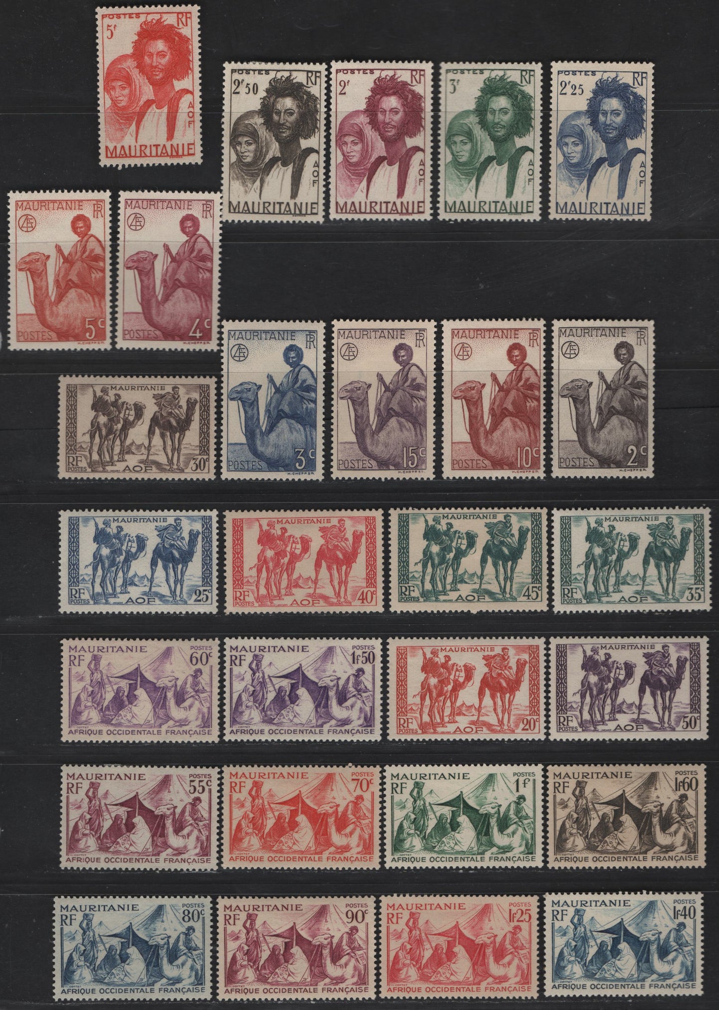Mauritania SC#76/106 2c - 5fr Violet Black - Scarlet Camel Rider - Mauri Couple, 1938-1940 Pictorial Definitive Issue, 28 VFOG Singles