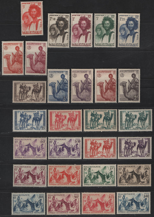 Mauritania SC#76/106 2c - 5fr Violet Black - Scarlet Camel Rider - Mauri Couple, 1938-1940 Pictorial Definitive Issue, 28 VFOG Singles