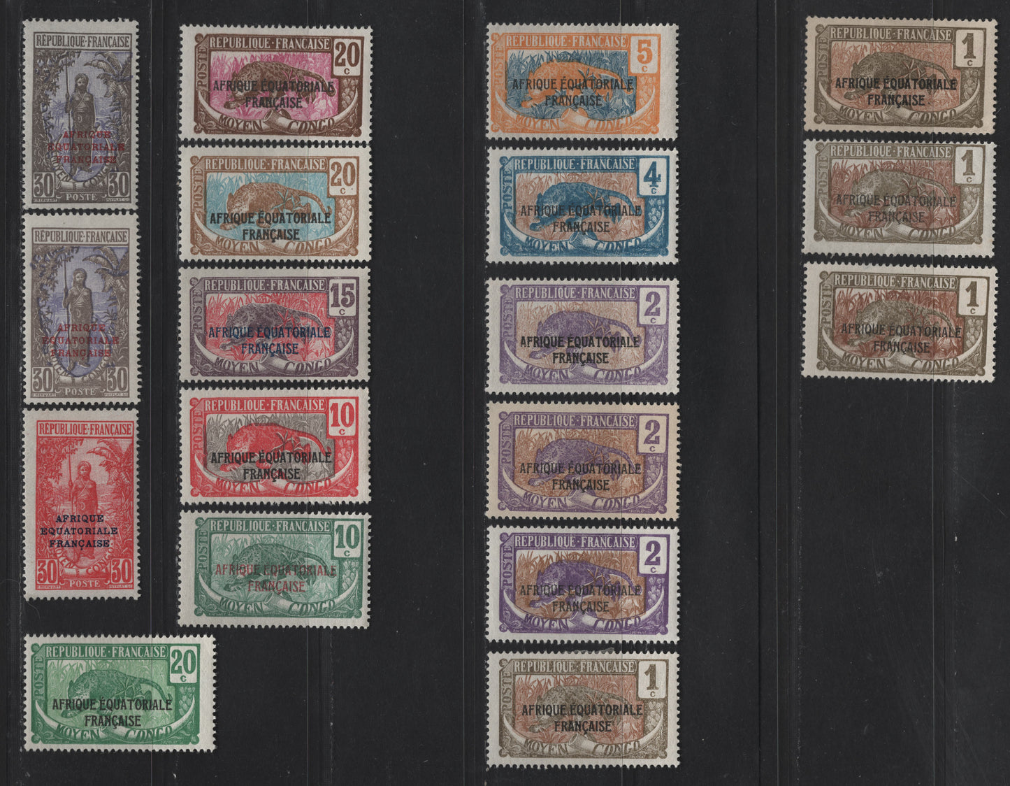 Lot 44 Middle Congo SC#23-32, 34-35 1c - 30c Olive Gray & Brown - Gray & Blue Violet Leopard - Bakalois Woman, 1924-1930 French Equatorial Africa Overprinted Issue, 18 F/VFOG Singles, Additional Shades, Chalky Paper