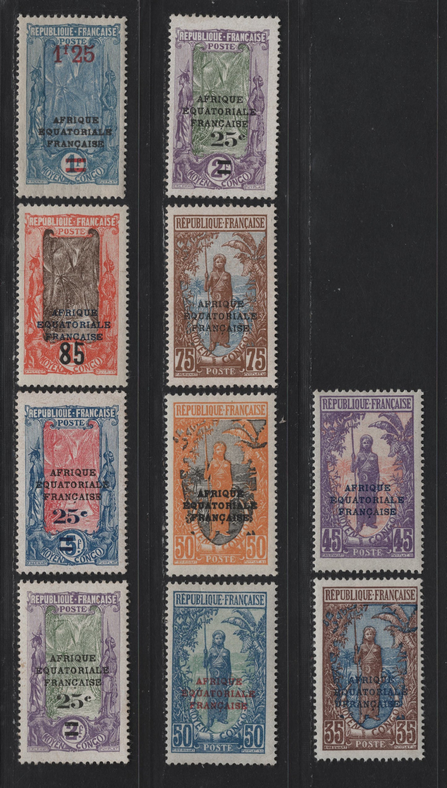 Lot 45 Middle Congo SC#37, 39-41, 43, 51, 52a, 54, 56 35c - 1.25 on 1fr Chocolate & Black - Dull Blue & Ultramarine Bakalois Woman - Coconut Grove, 1924-1930 Overprinted & Surcharged Issues, 9 VFOG Singles