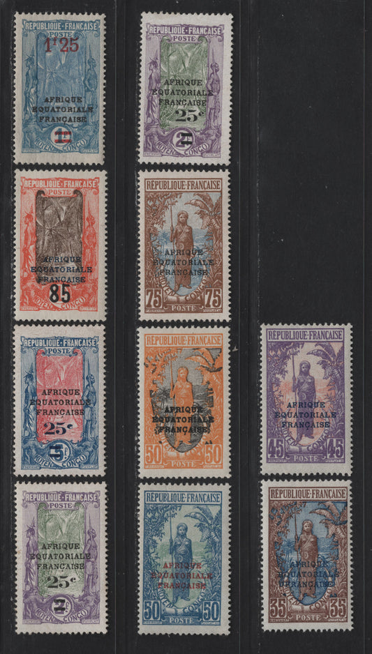Lot 45 Middle Congo SC#37, 39-41, 43, 51, 52a, 54, 56 35c - 1.25 on 1fr Chocolate & Black - Dull Blue & Ultramarine Bakalois Woman - Coconut Grove, 1924-1930 Overprinted & Surcharged Issues, 9 VFOG Singles