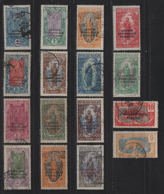 Lot 46 Middle Congo SC#26, 28, 33-35, 37-38, 40-41, 43, 45, 48-50, 56 5c - 1.25 on 1fr Yellow & Blue - Dull Blue & Ultramarine Bakalois Woman - Coconut Grove, 1924-1930 Overprinted & Surcharged Issues, 16 Fine/Very Fine Used Singles