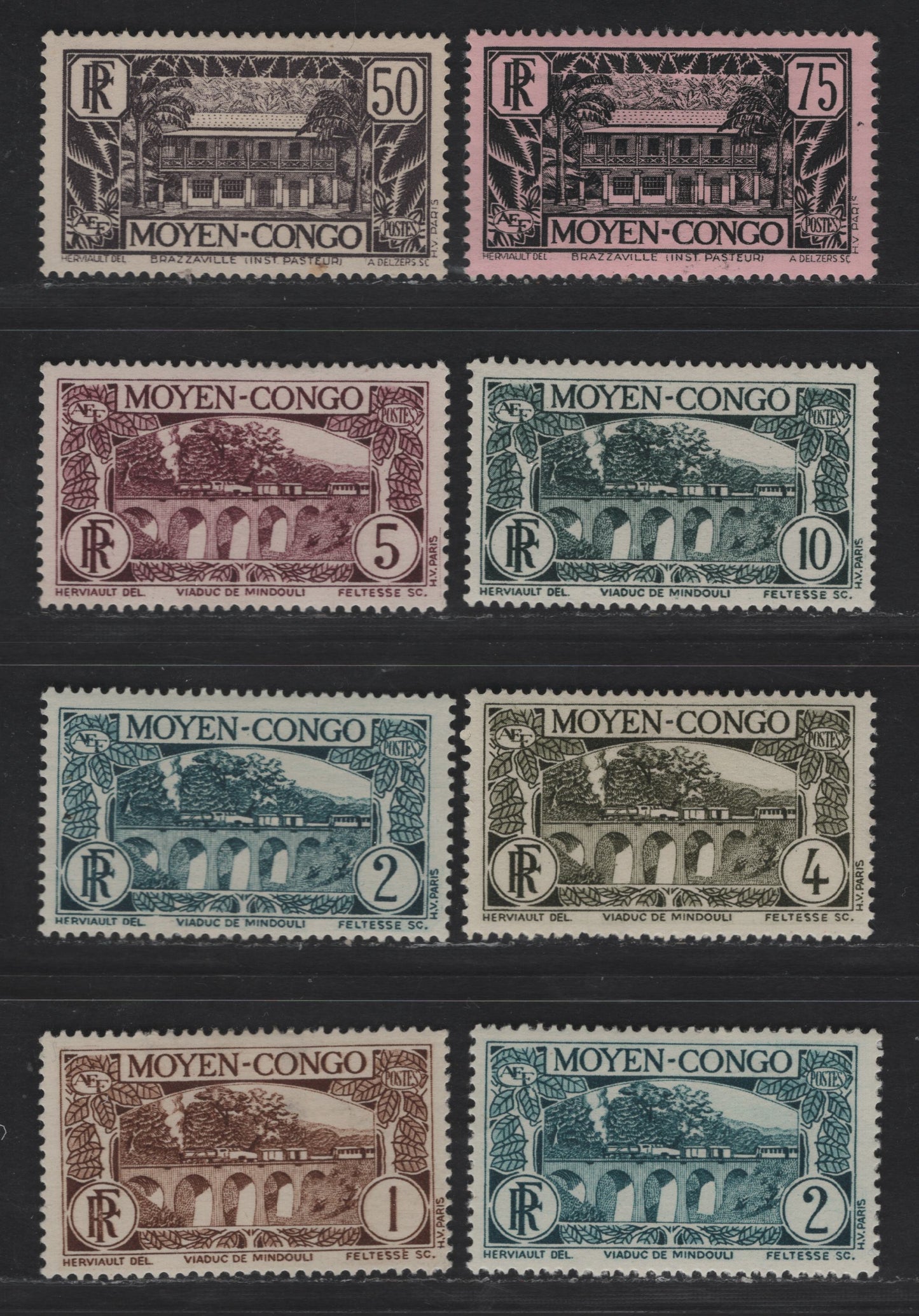 Lot 47 Middle Congo SC#65-69, 76, 78 1c - 75c Brown - Black on Pink Viaduct at Mindouli - Pasteur Institute at Brazzaville, 1933 Protogravure Pictorial Issue, 7 VFOG Singles