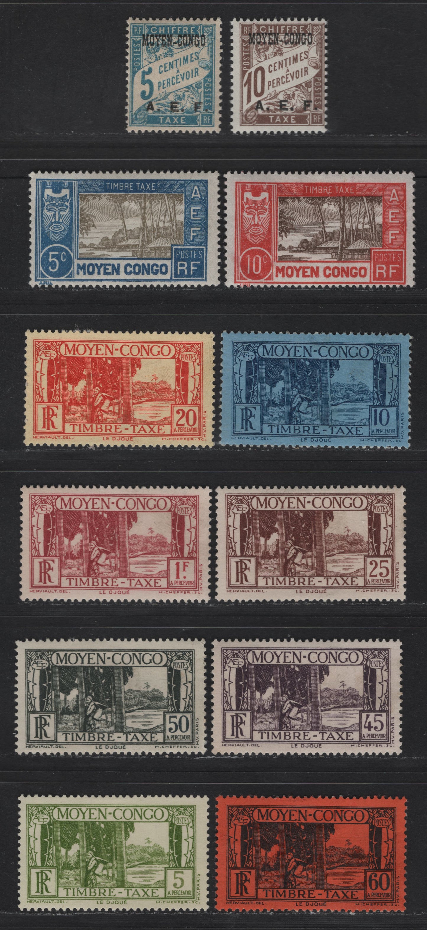 Lot 48 Middle Congo SC#J1-J2, J12-J13, J23-J26, J28-J31 5c - 1fr Light Blue - Brown Rose Numeral & Banner - Rubber Trees & Djoue River, 1928-1933 Postage Dues, 12 VFOG Singles