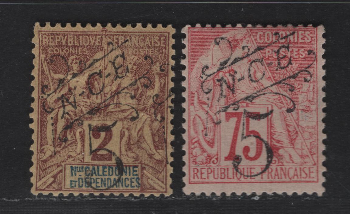 Lot 50 New Caledonia SC#37, 59 5c on 75c - 5c on 2c Carmine on Rose - Brown on Yellow Navigation & Commerce, 1892-1900 N.C.E Overprinted Issues, 2 F/VFOG Singles