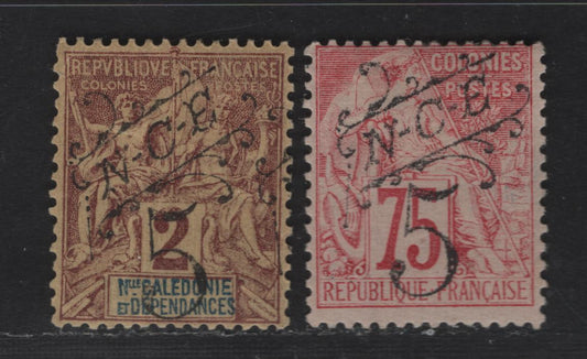 Lot 50 New Caledonia SC#37, 59 5c on 75c - 5c on 2c Carmine on Rose - Brown on Yellow Navigation & Commerce, 1892-1900 N.C.E Overprinted Issues, 2 F/VFOG Singles