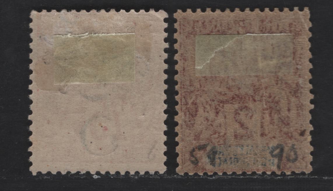 Lot 50 New Caledonia SC#37, 59 5c on 75c - 5c on 2c Carmine on Rose - Brown on Yellow Navigation & Commerce, 1892-1900 N.C.E Overprinted Issues, 2 F/VFOG Singles