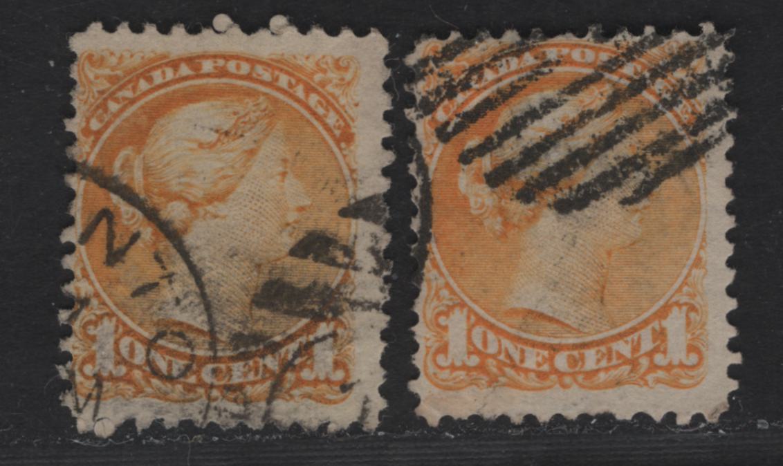 Lot 5 Canada #35d 1c Dull Yellow Orange & Yellow Orange Queen Victoria, 1870-1893 Small Queen Issue, 2 Very Good/Fine Used Singles, Mid Montreal Printings, Paper Types MM-J & MM-K