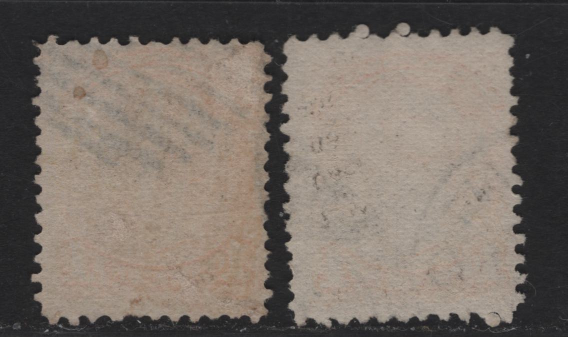 Lot 5 Canada #35d 1c Dull Yellow Orange & Yellow Orange Queen Victoria, 1870-1893 Small Queen Issue, 2 Very Good/Fine Used Singles, Mid Montreal Printings, Paper Types MM-J & MM-K