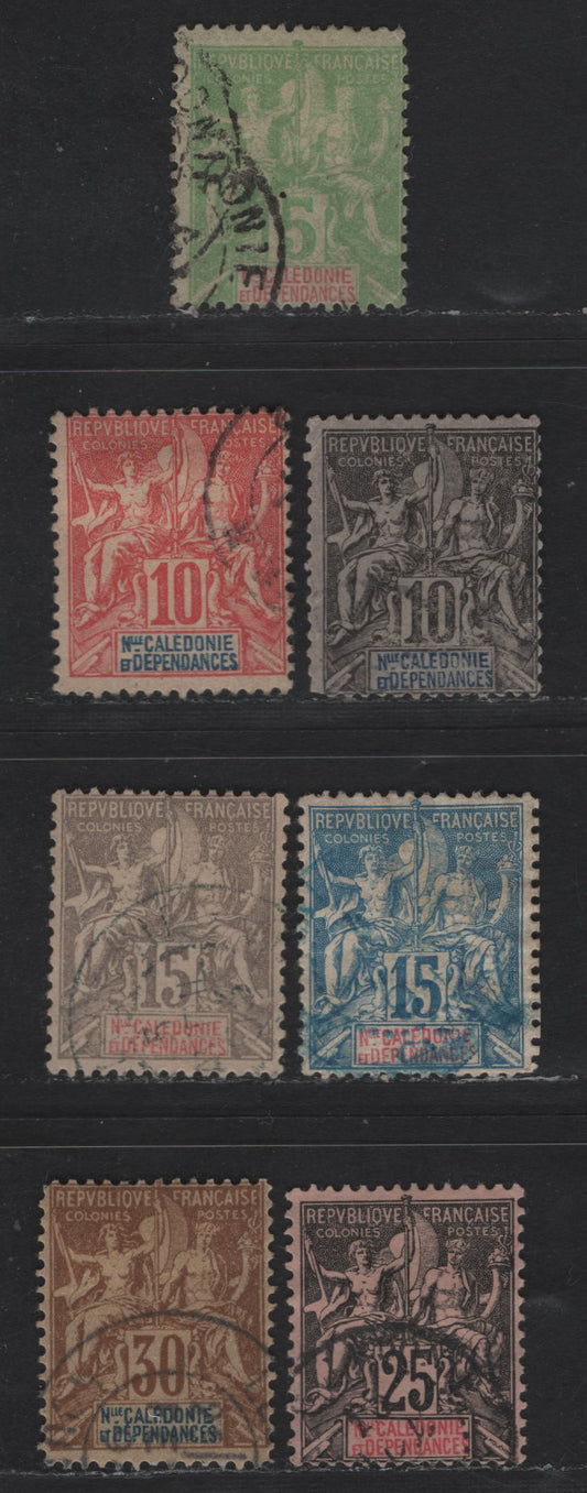 Lot 51 New Caledonia SC#44-48, 50, 52 5c - 30c Yellow Green - Brown Bistre Navigation & Commerce, 1892-1904 Navigation & Commerce Issue, 7 Fine Used Singles