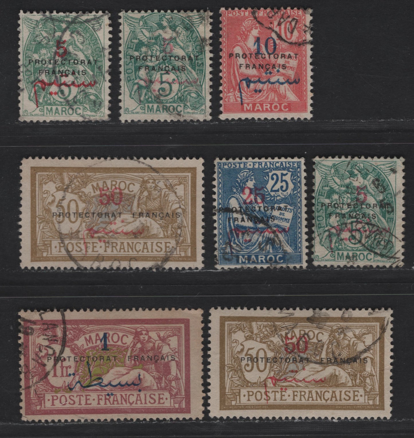 Lot 54 French Morocco SC#41-42, 45, 51-52 5c on 5c - 1p on 1fr Green - Claret & Olive Green Navigation & Commerce, 1914-1921 Overprinted Issue, 8 Fine/Very Fine Used Singles, 'Protectorat Francais' Overprinted, Shade Varieties