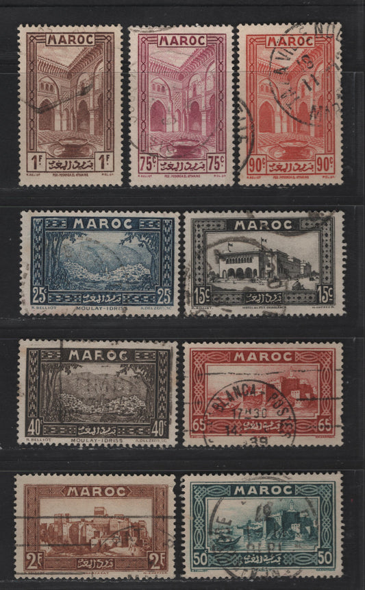 Lot 55 French Morocco SC#129, 131, 133-139, 143 15c - 2fr Black - Yellow Brown Post Office at Casablanca - Kasbah of Si Madani el Glaoui at Ouarzazat, 1933-1934 Pictorial Issue, 10 Very Fine Used Singles