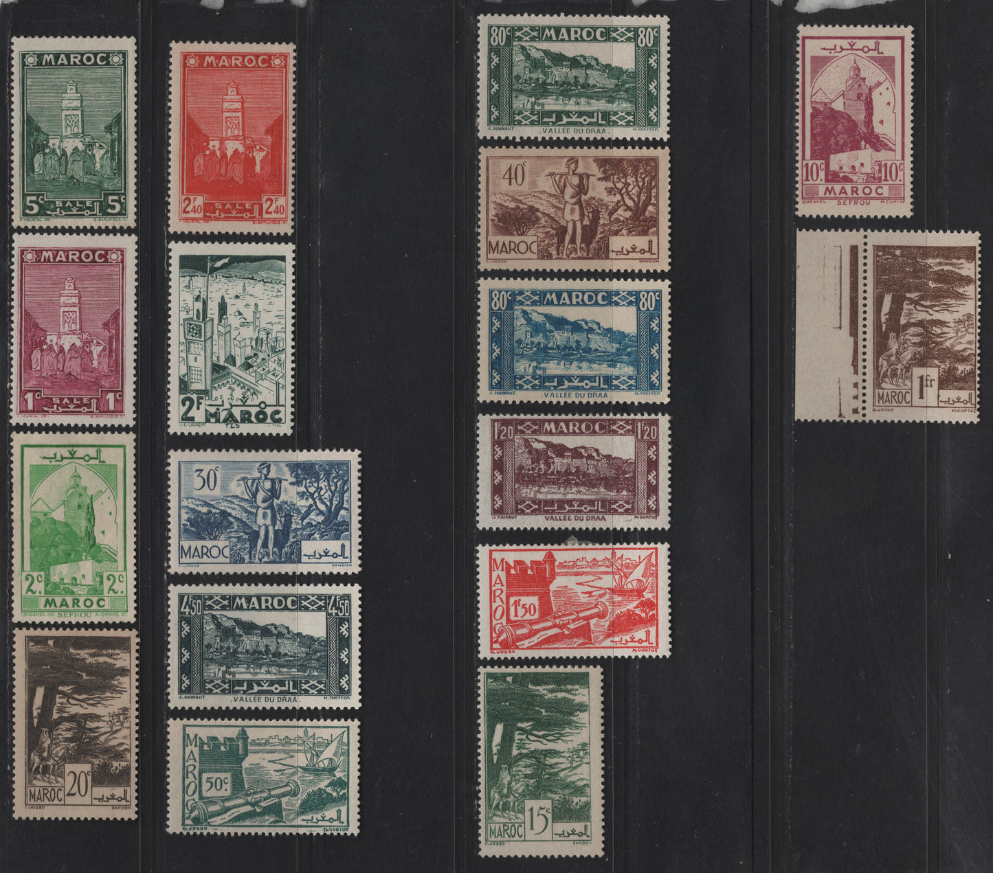 Lot 56 French Morocco SC#149-150, 152-157, 163-A, 165-A, 168-169, 170, 172B 1c - 4.5fr Rose Violet - Greenish Black Mosque of Sale - Valley of Draa, 1939-1942 Pictorial Issue, 16 VFOG/NH Singles