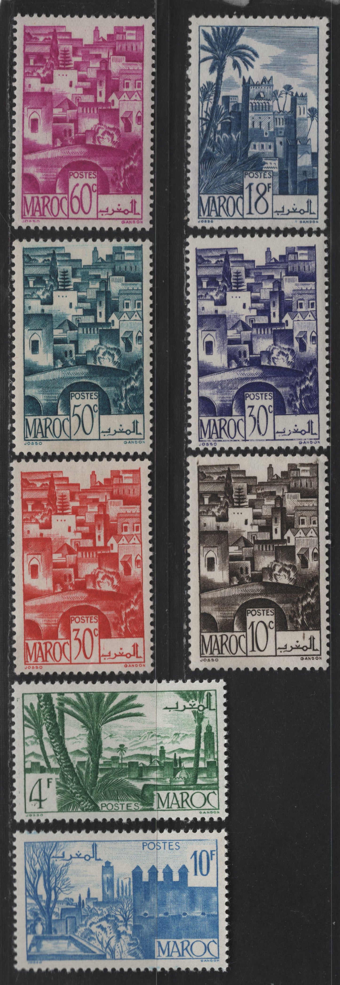 Lot 57 French Morocco SC#221-224, 236, 238, 240, 248 10c - 18fr Black Brown - Deep Blue The Terraces - Ouarzazat District, 1947-1949 Pictorial Issues, 8 VFOG Singles