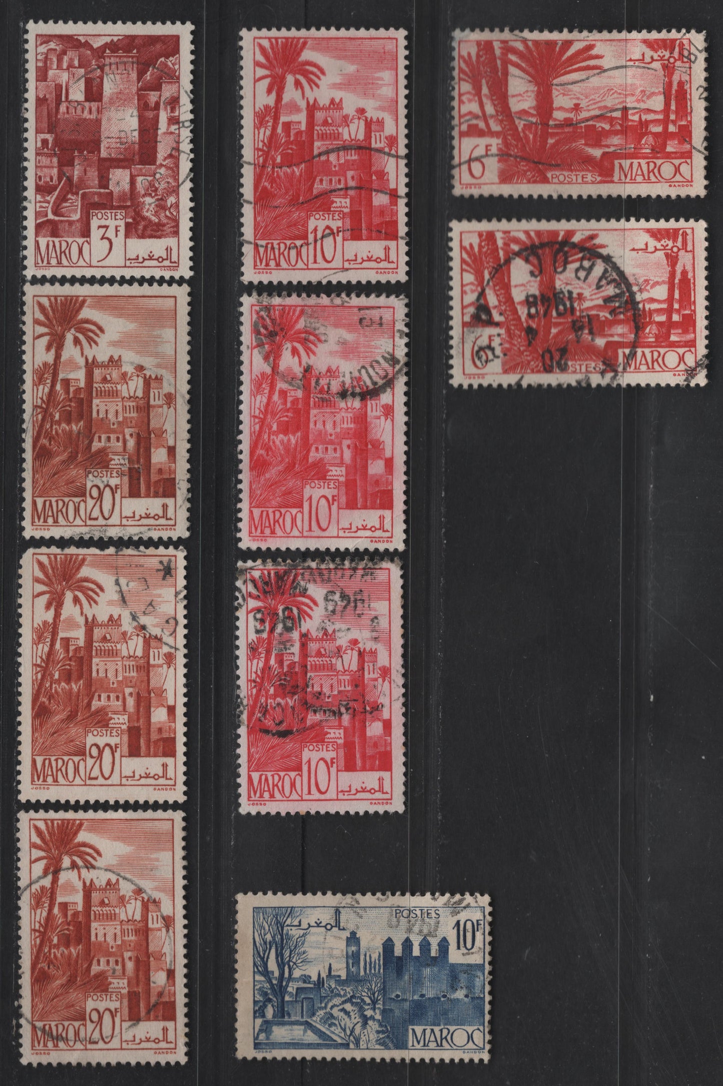 Lot 58 French Morocco SC#228, 231, 234, 240-241 3fr - 10fr Brown Red - Carmine Rose Mountain District - Ouarzazat District, 1947-1949 Pictorial Issues, 10 Very Fine Used Singles