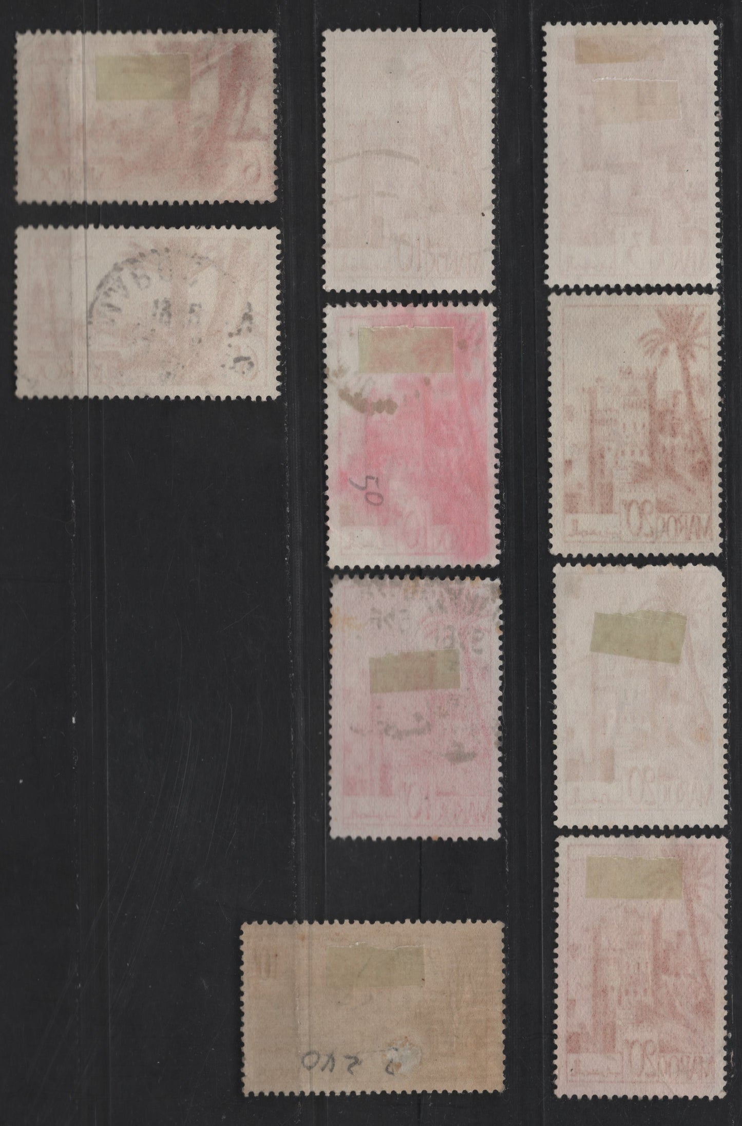 Lot 58 French Morocco SC#228, 231, 234, 240-241 3fr - 10fr Brown Red - Carmine Rose Mountain District - Ouarzazat District, 1947-1949 Pictorial Issues, 10 Very Fine Used Singles