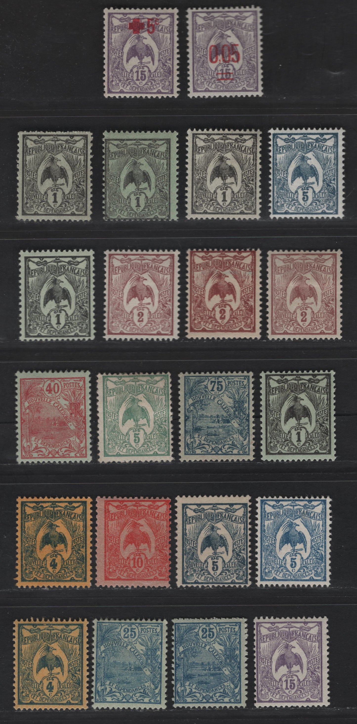 Lot 60 New Caledonia SC#88-93, 96, 98, 104, 111, 123, 133 1c - 3fr on 5fr Black on Green - Red Violet Kagu - Ship, 1905-1927 Definitive & Surcharged Issues, 12 F/VFOG Singles, Shade Varieties