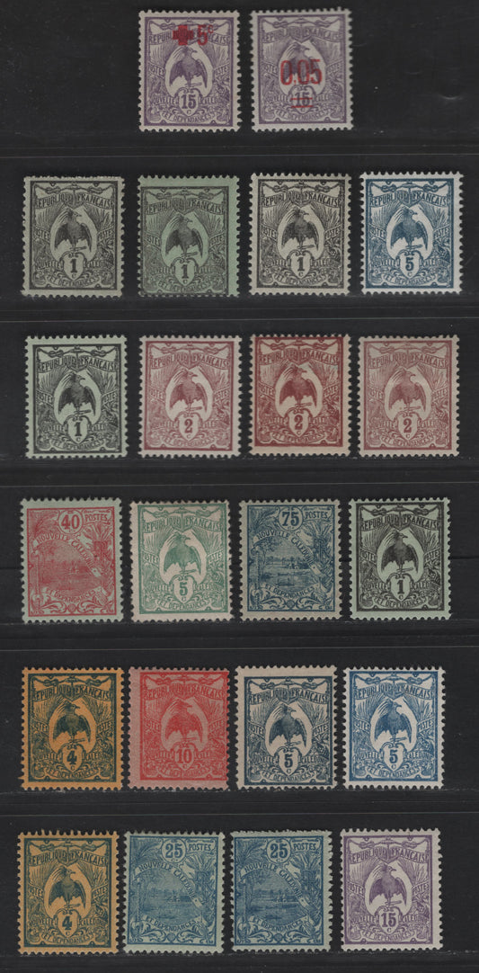 Lot 60 New Caledonia SC#88-93, 96, 98, 104, 111, 123, 133 1c - 3fr on 5fr Black on Green - Red Violet Kagu - Ship, 1905-1927 Definitive & Surcharged Issues, 12 F/VFOG Singles, Shade Varieties