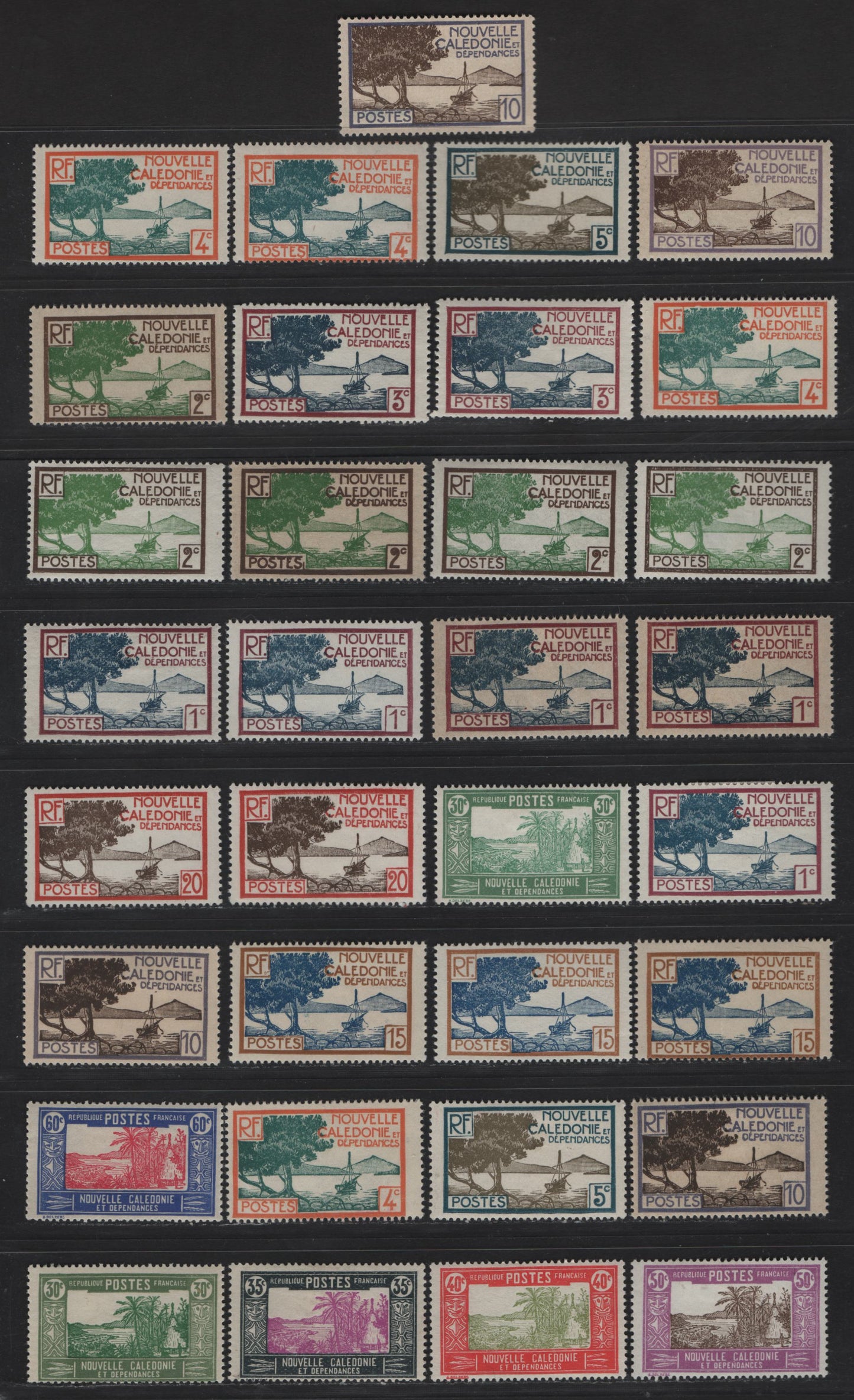 Lot 61 New Caledonia SC#136-142, 144-146, 148, 150 1c - 60c Brown Violet & Indigo - Violet Blue & Scarlet Bay of Paletuviers Point - Landscape with Chief's House, 1928-1940 Pictorial Definitive Issue, 33 F/VFOG Singles, Shade Varieties