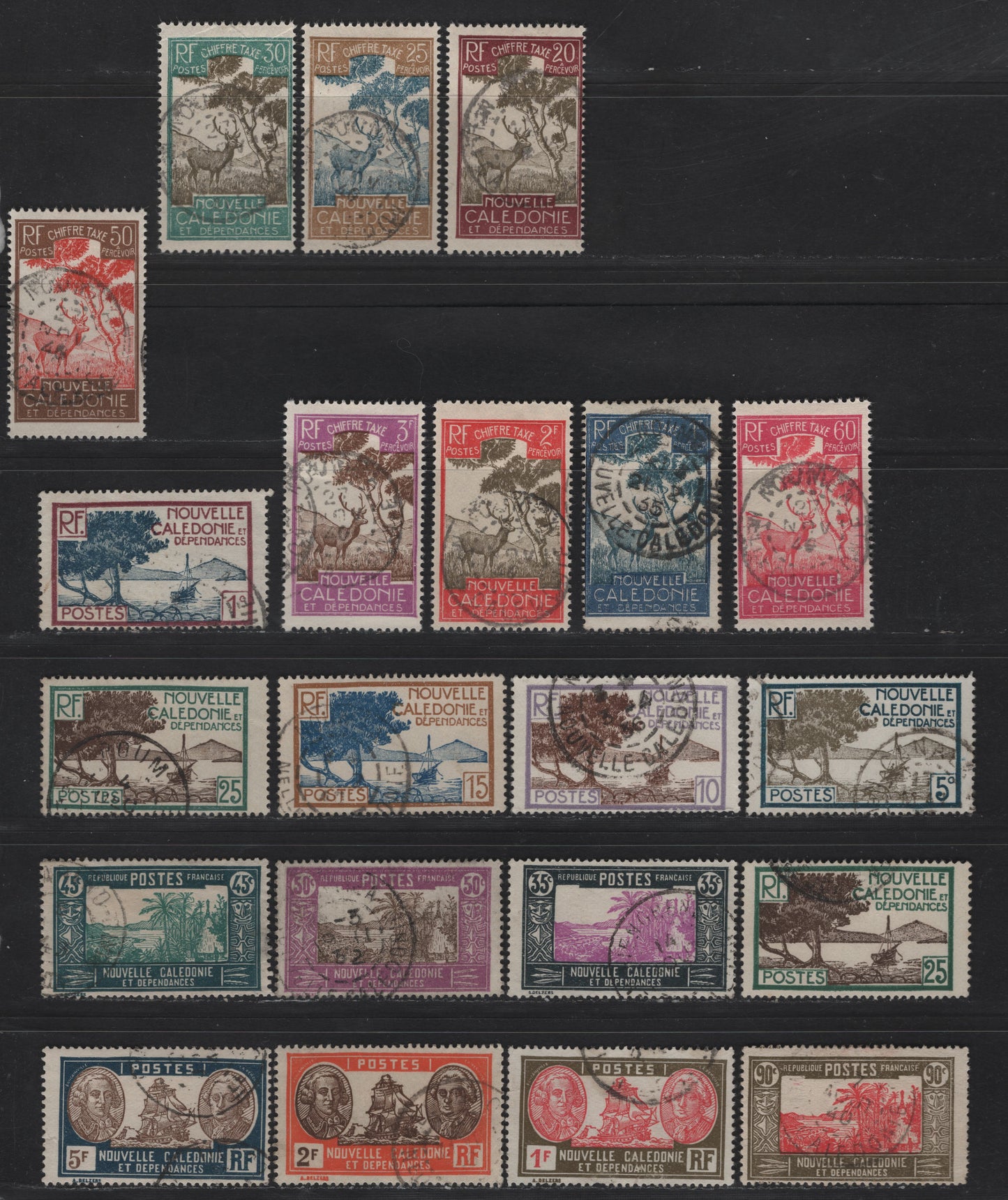 Lot 62 New Caledonia SC#136/173, J24-J31 1c - 3fr Brown Violet & Indigo - Violet & Brown Bay of Paletuviers Point - Malayan Sambar, 1928-1940 Pictorial Issue & Postage Dues, 20 Fine/Very Fine Used Singles