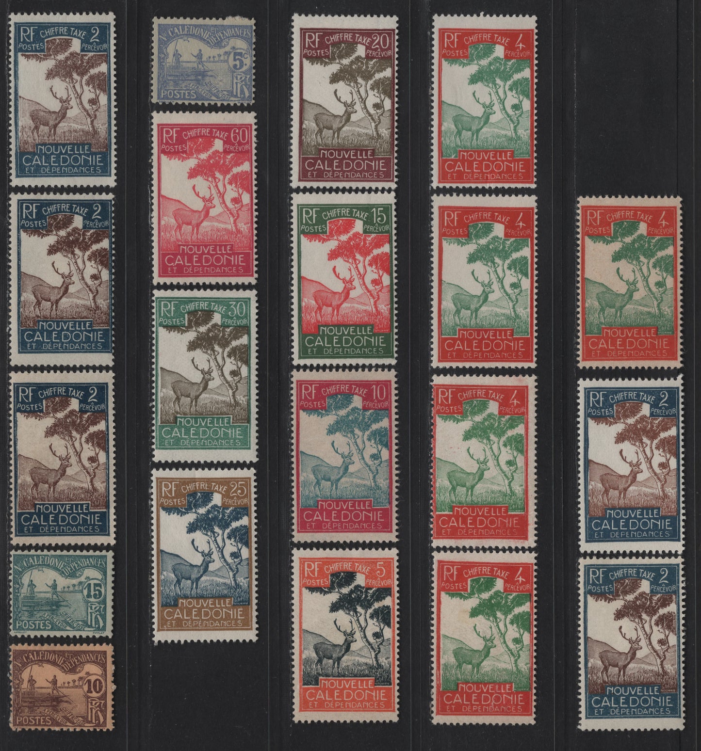 Lot 63 New Caledonia SC#J9-J11, J19-J26, J28 5c - 60c Ultramarine on Azure - Magenta & Bright Rose Men Poling Boat - Malayan Sambar, 1906-1928 Postage Dues, 20 F/VFOG Singles, Shade Varieties