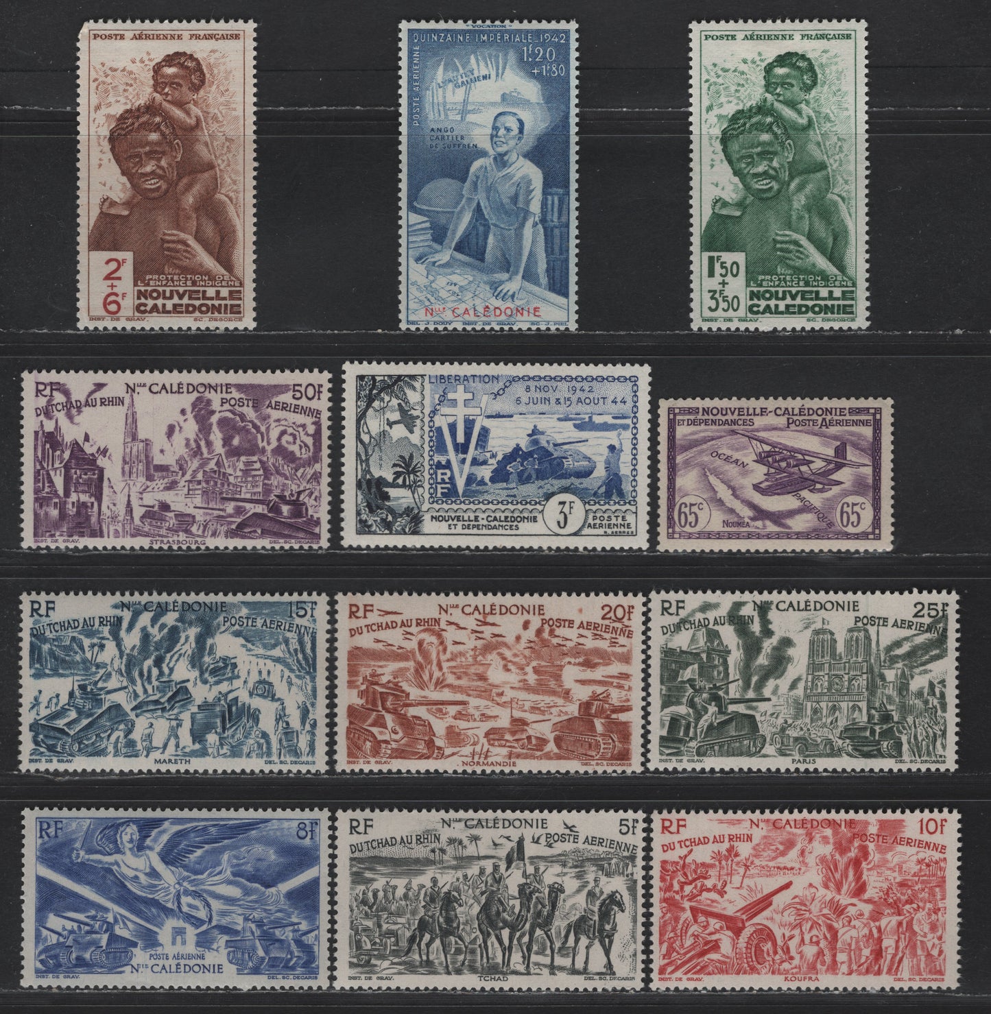 Lot 64 New Caledonia SC#CB2-CB4, C1, C14-C20, C25 65c - 1.20fr+1.80fr Deep Violet - Blue & Red Seaplane over Pacific Ocean - Colonial Education Fund, 1938-1942 Airmail & Airmail Semi Postal Issues, 12 VFOG Singles